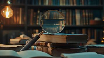 Magnifying glass rests on open books in dim library. photo