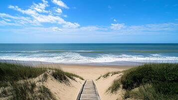 Sunny beach path with grassy dunes and clear blue sky photo