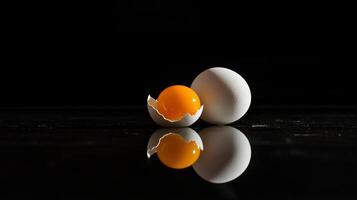 Whole and cracked egg with yolk against a dark backdrop. photo