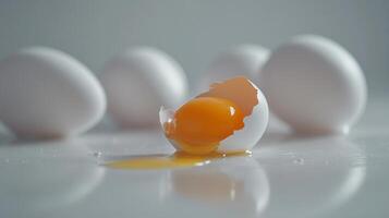 Broken egg with yolk on a smooth reflective surface. photo