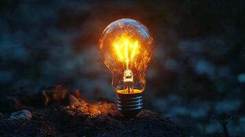 Light bulb glowing brightly on natural ground bed photo