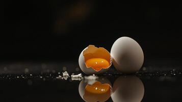 Minimalist display of two eggs, one cracked open. photo