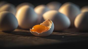Group of eggs with one cracked open, close-up image photo