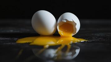 Two eggs with one broken, yolk spilled on surface photo