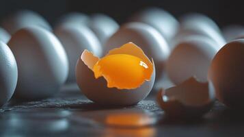 Eggshells and yolk focal point amidst surrounded eggs. photo