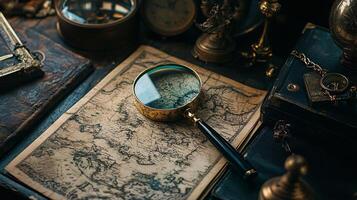Detailed magnifying glass on ancient map treasure quest photo