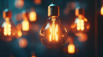 Single illuminated bulb with warm bokeh effect photo