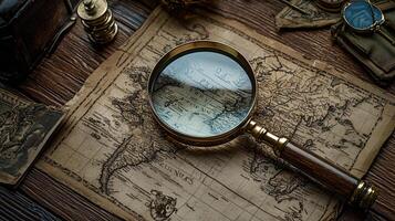Old Map with Magnifying Glass Depicting Exploration photo