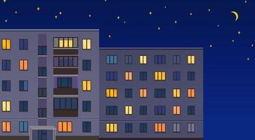 Soviet style apartment buildings in the night. Cozy evening lights in apartment windows. Facade of a post-soviet panel or block buildings. vector