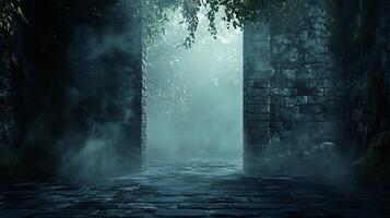 Misty stone path leading through ancient archway. photo