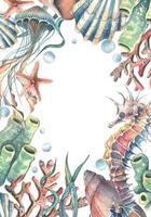Seahorse, jellyfish, corals, sea sponges, seaweed, shells, starfish and bubbles. Hand drawn watercolor illustration on the theme of sea animals. Vertical rectangular frame, template for text. vector