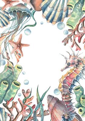 Seahorse, jellyfish, corals, sea sponges, seaweed, shells, starfish and bubbles. Hand drawn watercolor illustration on the theme of sea animals. Vertical rectangular frame, template for text.