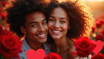 Romantic young couple smiles amidst a field of red roses on Valentine's Day photo