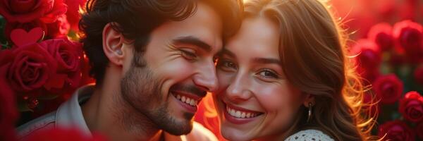 Romantic couple smiling in a red rose garden during golden hour on Valentine's day photo