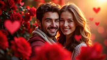 Romantic Valentine's Day couple smiling with roses and heart bokeh background photo