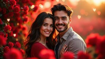 Romantic couple surrounded by red roses enjoying a warm Valentine's day moment together photo
