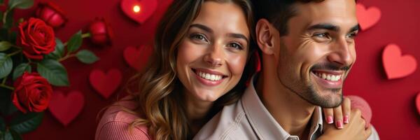 Romantic Valentine's Day Portrait of a Happy Couple Surrounded by Roses and Hearts photo