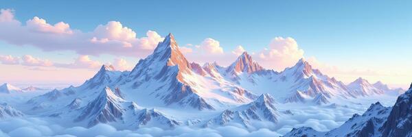 Snowy Mountain Peaks Rising Above a Bed of Clouds at Sunrise with a Light Blue Sky photo