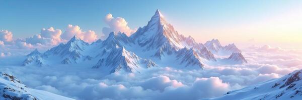 Majestic snow-capped mountains pierce through a sea of fluffy pastel clouds at dawn photo