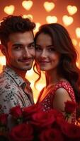 Romantic couple portrait with hearts background celebrating valentine's day photo