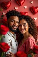 Romantic couple celebrating Valentine's Day with hearts and red roses background photo