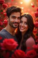 Romantic couple embracing in a field of red roses, celebrating Valentine's Day with love photo