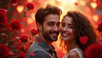 Romantic couple portrait surrounded by roses and hearts perfect for Valentine's day photo