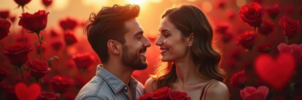 Romantic Couple in a Field of Roses at Sunset celebrating Valentines Day photo