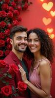 Beautiful couple embracing on Valentine's Day with red roses and heart lights photo