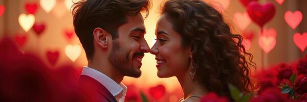 Romantic couple in love face to face surrounded by heart bokeh lights and roses photo