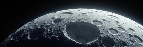 Detailed close-up view of the moon,s surface highlighting its cratered landscape against a dark void photo