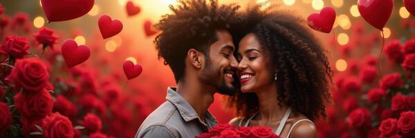 Romantic valentine day couple enjoying beautiful moment between red roses and balloons photo