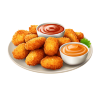 Appetizing Chicken Nuggets Served with Multiple Dipping Sauces png