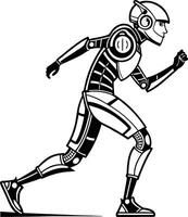 Robot runner sleek design dynamic pose black and white illustration. vector