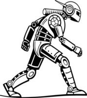 Retro robot design sleek mechanical humanoid black and white illustration. vector