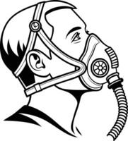 Black and white illustration profile view pilot wearing oxygen mask. vector