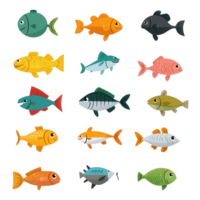 A colorful collection of cartoon fish in various shapes and sizes. png