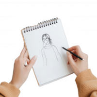 A person sketching a portrait in a notebook with a pencil on a cozy workspace. png