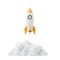 A sleek rocket launching above a cloud of white powder, symbolizing innovation and progress. png
