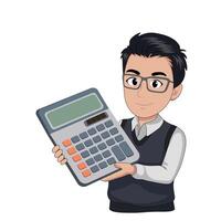 Portrait of cartoon accountant guy in glasses with huge calculator in hands, flat style, isolate on white vector