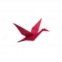 A vibrant red origami crane with outstretched wings captured in mid-flight. png