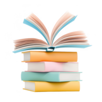 A stack of colorful books with one opened on top, symbolizing learning and knowledge. png