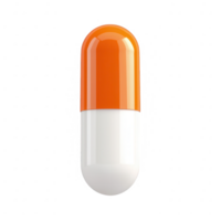 A vibrant orange and white capsule pill on a clean background. png