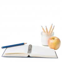 A workspace with a notebook, pencils, an apple, and a jar of cream on a white background. png