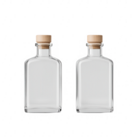 Clear glass bottles with wooden caps, perfect for beverages or DIY projects. png