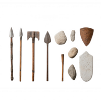 An array of ancient tools and weapons made from wood and stone, showcasing craftsmanship. png