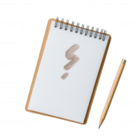 Blank notepad with a scribbled question mark next to a wooden pencil on a clean page. png
