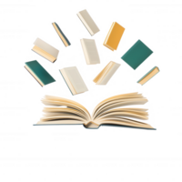 An open book with various colored books floating above, symbolizing knowledge and imagination. png
