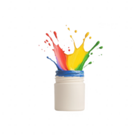A vibrant splash of colors emerging from an open paint jar on a white background. png