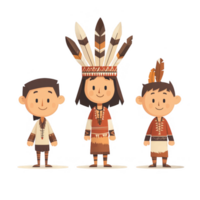 Colorful illustration of three indigenous characters displaying cultural attire. png